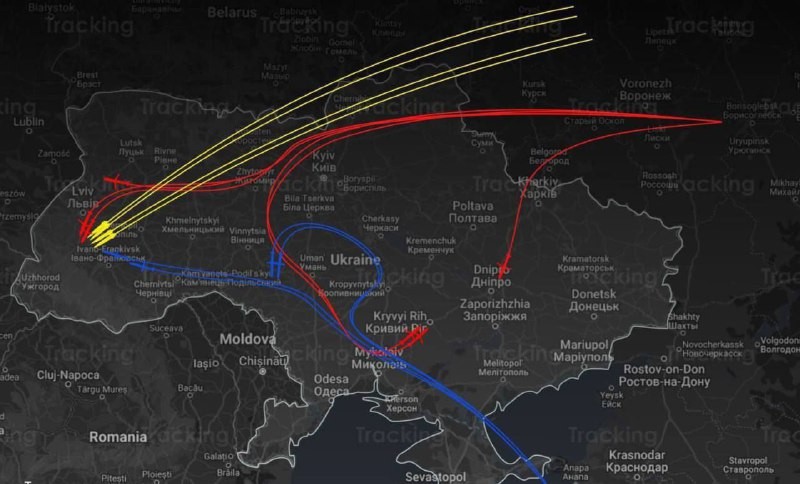 Маршрут движения крылатых ракет и "Кинжалов", которые сегодня ночью атаковали Украину