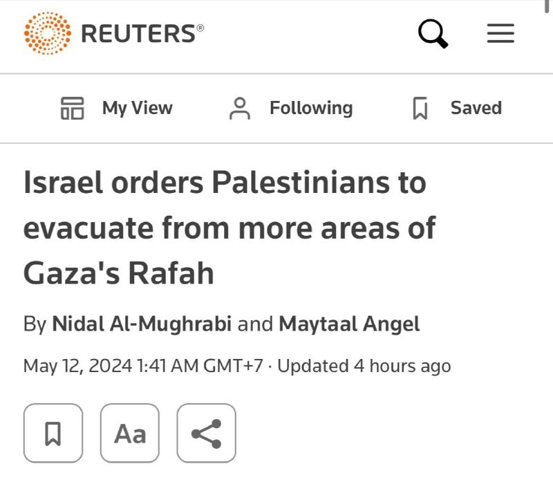 ⚡️Израиль приказал палестинцам расширить эвакуацию в Рафахе, — Reuters.